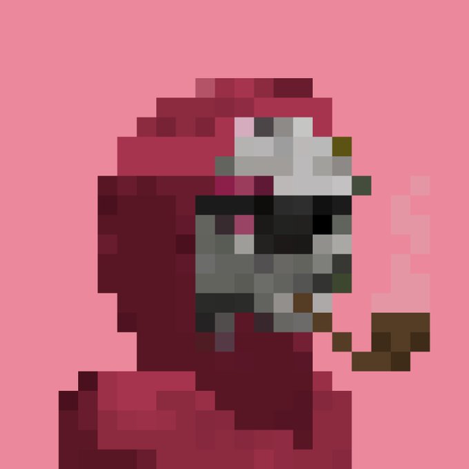 A pixel art illustration of a red-hooded figure smoking a pipe, set against a pink background.
