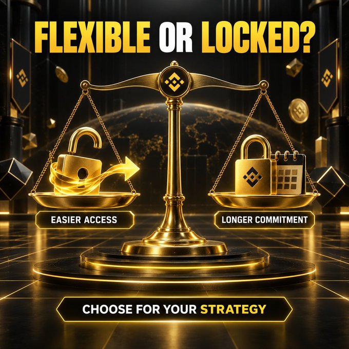 A golden scale balances an unlocked padlock labeled "EASIER ACCESS" against a locked padlock labeled "LONGER COMMITMENT," under the headline "FLEXIBLE OR LOCKED?" and a banner reading "CHOOSE FOR YOUR STRATEGY," visually representing the choice between Binance Simple Earn's flexible and locked staking options.