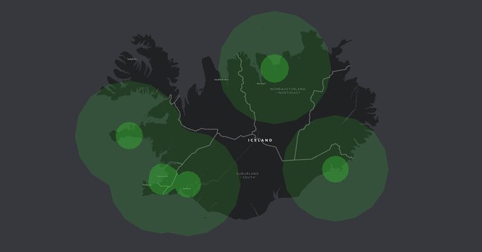 The image shows a map with different colored circles representing various locations, including Iceland. The map has a dark blue background, making the green circles stand out prominently. The caption of the image reads "Do you live in Iceland? Come be a part of the largest RTK network and mine for $GEOD tokens while you'r at it". This suggests that there is an opportunity to mine Bitcoins or other digital currency using the map as a guide, with Bitcoin being one of the options.