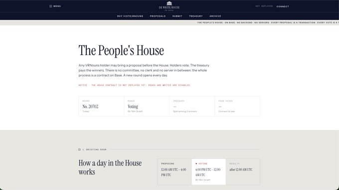 A screenshot of dewhite.house displays "The People's House" page, explaining that any VRNouns holder can submit a proposal and holders vote, with the treasury paying the winners—no backend, no clerk, no servers. A current proposal, No. 20/01/02, is shown in the Voting phase with 6h 15m 2s left to vote, split among 3 winners. Below, an informational panel outlines the process: Proposals cost between 0.5–2k LTC and pay 12k LTC, while Voting requires 12,000 AM LTC.
