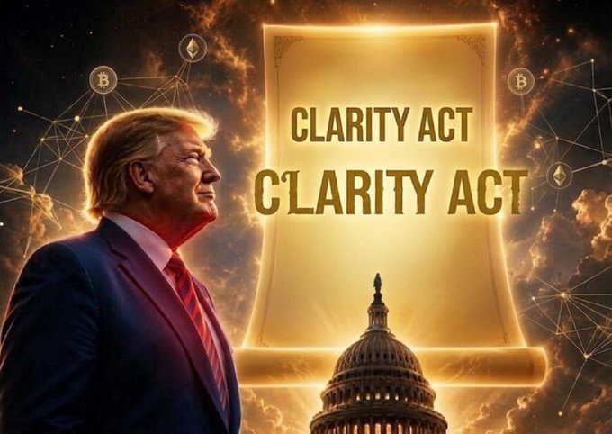 An illustrated image of Donald Trump in a red tie looking at a glowing scroll labeled 'CLARITY ACT,' with the U.S. Capitol dome and crypto network nodes (Bitcoin and Ethereum symbols) in the background.