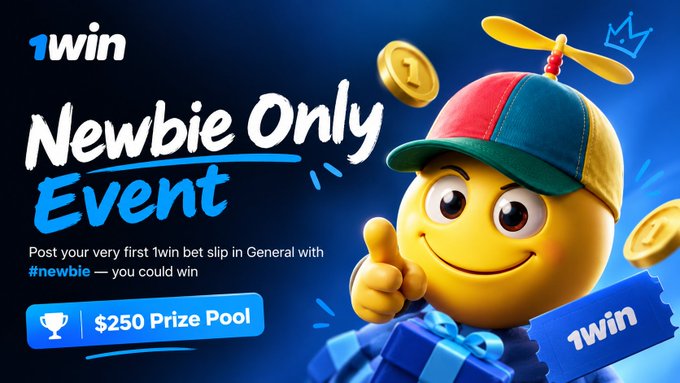A promotional banner for '1win Newbie Event' featuring a yellow smiling emoji character wearing a propeller hat, with text offering a '$250 Prize Pool' and instructions to post a bet slip with '#newbie'.
