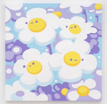 A colorful illustration featuring cute, smiling anthropomorphic flowers with yellow faces against a pastel purple and blue background, fitting the whimsical aesthetic of the @burnttoast artist being praised for their memorable early Doodles work.