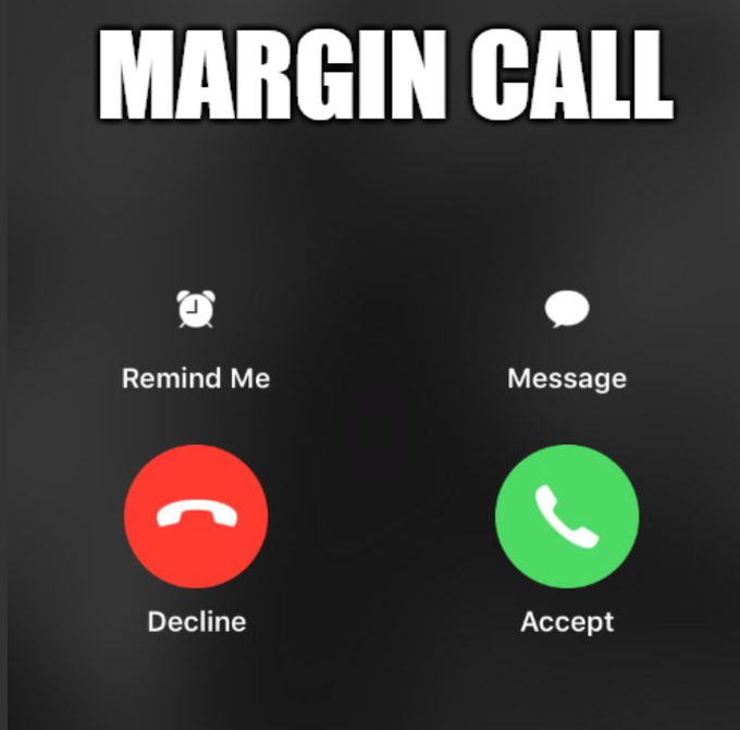 The image shows a phone call screen displaying "MARGIN CALL" as the caller, with options to Remind Me, Message, Decline (red), or Accept (green). It serves as a visual metaphor for the post's data about South Korea's margin trading crisis, where over 1.2 million accounts received margin calls and roughly 360,000 were forcibly liquidated, wiping out ~₩34 trillion in one month.