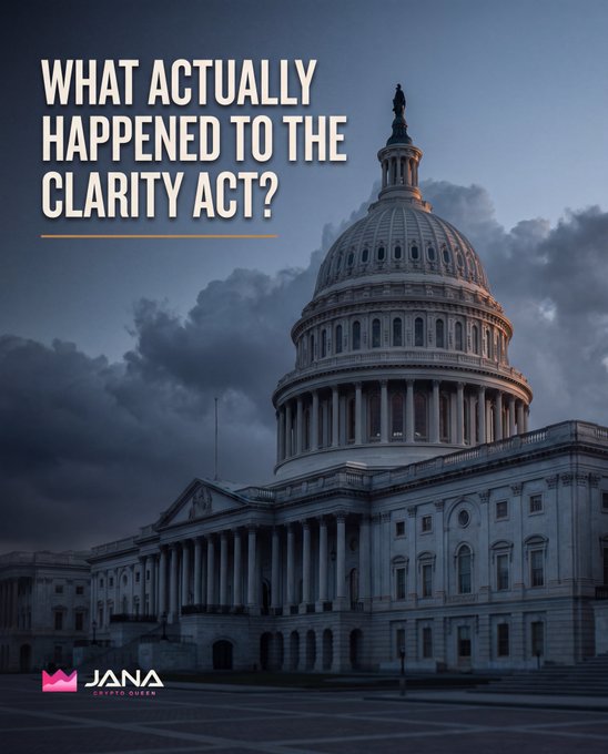 A dramatic image of the US Capitol building with the headline 'WHAT ACTUALLY HAPPENED TO THE CLARITY ACT?' branded by JANA Crypto Queen.