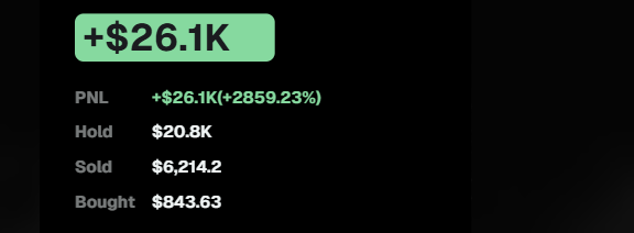 A trading PNL screen showing +$26.1K profit with a +2859.23% return, holding $20.8K, sold $6,214.2, and bought $843.63.