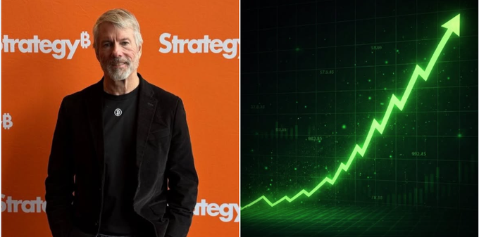 A side-by-side image showing a man with a gray beard standing at a 'Strategy' event on the left, and a green ascending stock chart on the right.