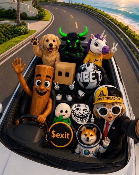 A diverse group of internet meme characters—including a golden retriever, unicorn in a "UwU" hoodie, glowing-hored demon, cardboard box figure, wooden log mascot, and a suited figure wearing a "DON'T TREAD ON" cap—are packed into a convertible driving along a coastal road, with prominent text reading "$exit," "NEET," and "UwU," visually representing the chaotic mashup of memecoin communities like $NEET and $UWUNICATION.
