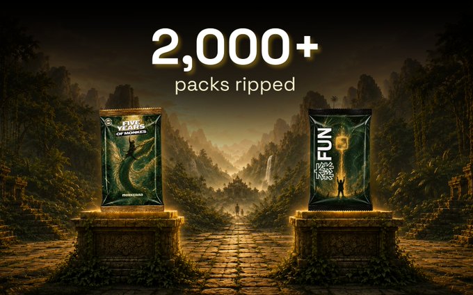 Two trading card packs labeled 'FUN' and 'VENUS' rest on stone pedestals in a misty jungle setting, with large text above announcing '2,000+ packs ripped'.