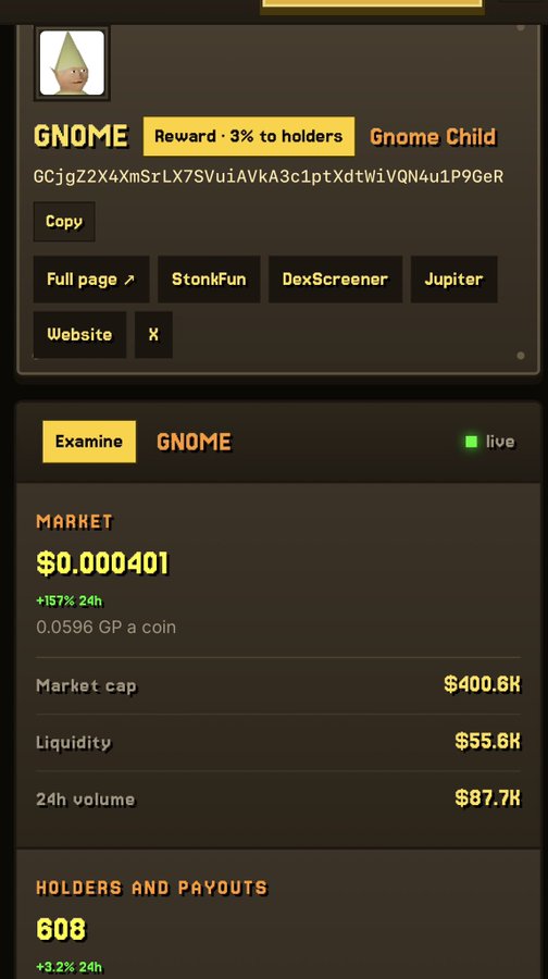 A cryptocurrency token information page for 'GNOME' (Gnome Child) showing a 3% holder reward, contract address, market price of $0.000401 with +157% 24h gain, and links to StonkFun, DexScreener, and Jupiter.