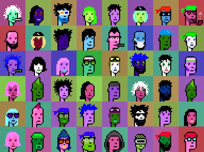 A 6x8 grid of pixel art portrait avatars (CryptoPunks-style) featuring various characters with different colored skin, hairstyles, and accessories on colorful backgrounds.