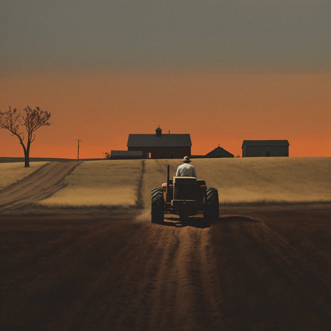 A painterly scene of a farmer driving a red tractor across a vast field at sunset, heading toward a farmhouse and outbuildings silhouetted against an orange sky, with a bare tree on the left.
