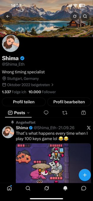 An X profile page for 'Shima' (@Shima_Eth), a verified user located in Stuttgart, Germany with 10,000 followers, whose pinned post jokes about losing every 100 keys game they play.