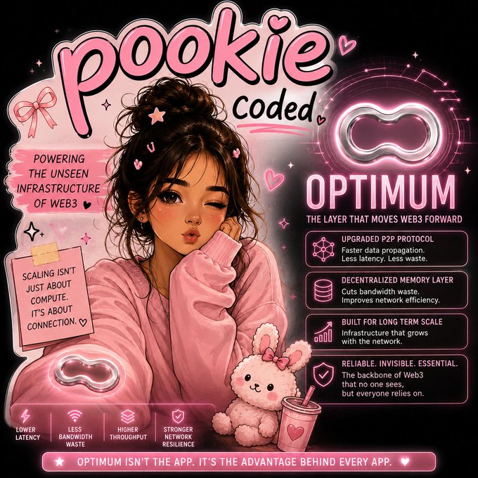 A pink-themed promotional graphic titled "POOKIE coded" featuring an anime-style girl with a bunny plush, advertising "OPTIMUM - THE LAYER THAT MOVES WEB3 FORWARD" with features like upgraded P2P protocol, decentralized memory layer, and built for long term scale.