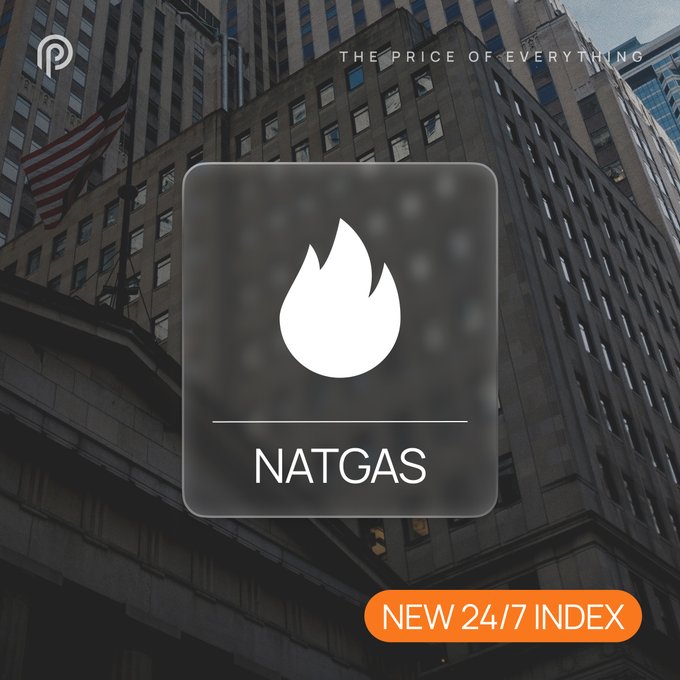 The image features a dark, translucent square overlay centered on a backdrop of a towering city building with an American flag, displaying a white flame icon and the ticker "NATGAS." Above it reads "THE PRICE OF EVERYTHING," while an orange banner at the bottom announces "NEW 24/7 INDEX." The bold, financial-themed graphic visually reinforces the post's announcement of the new continuous NATGAS 24/7 Index launch.