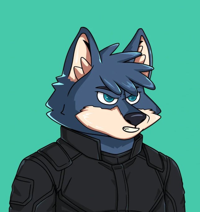 An anthropomorphic wolf character with blue-grey fur and a serious expression wears a dark tactical-style jacket, set against a teal background. The image serves as a visual representation of the user's new NFT, symbolizing their pride in joining the "pack" referenced in the caption.