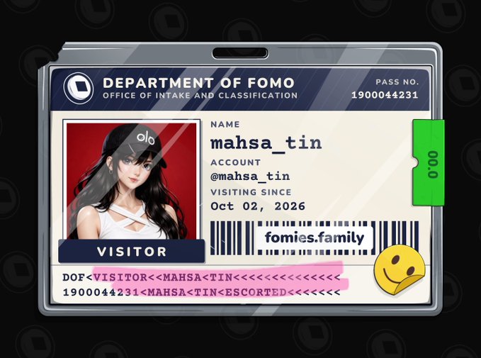 A digital ID badge from the 'DEPARTMENT OF FOMO - OFFICE OF INTAKE AND CLASSIFICATION' for a visitor named 'mahsa_tin' (account @mahsa_tin, visiting since Oct 02, 2026) with the text 'VISITOR<MAHSA<TIN<<<<<<<<<<<<< 1900044231<MAHSA<TIN<ESCORTED<<<<<<<<'.