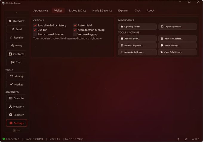 A screenshot of the 'ObsidianDragon' cryptocurrency wallet interface, specifically the Options panel with checkboxes for 'Save shielded tx history' and 'Use Tor'.