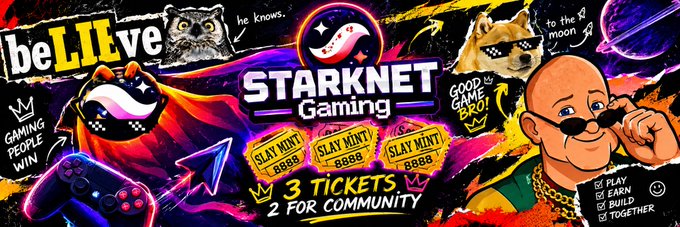 A vibrant promotional graphic for 'STARKNET Gaming' features meme-style artwork with cats, sunglasses, and a character, advertising '3 TICKETS 2 FOR COMMUNITY' and 'beLI Eve' messaging.