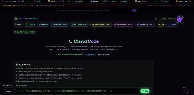 Screenshot of a cryptocurrency dashboard showing a quick setup section for 'Clawd Code', a Solana-native AI coding CLI, with an install command for installing Node.js 18 or newer.