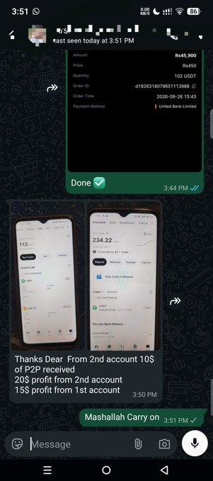 A screenshot of WhatsApp messages showing financial P2P trading results, including a receipt for 102 USDT and a message reading 'Thanks Dear From 2nd account 10$ of P2P received, 20$ profit from 2nd account, 15$ profit from 1st account', followed by 'Mashallah Carry on'.
