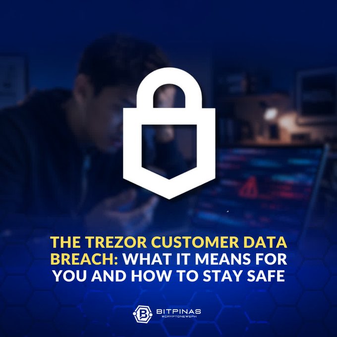 An article thumbnail from BitPinas with a Trezor logo and padlock icon over a blurred image of a person, titled 'THE TREZOR CUSTOMER DATA BREACH: WHAT IT MEANS FOR YOU AND HOW TO STAY SAFE'.