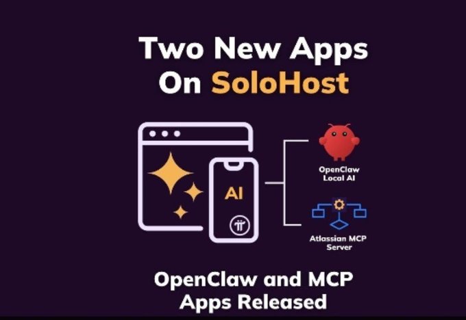The promotional graphic announces "Two New Apps On SoloHost: OpenClaw Local AI and Atlassian MCP Server," featuring icons of a desktop browser and a mobile device with "AI" branding alongside their respective logos.

This visual supports the post's message about Pi Desktop expanding beyond blockchain functionality, highlighting SoloHost as a platform that empowers Pioneers to run self-hosted local AI agents and applications directly on their own computers.