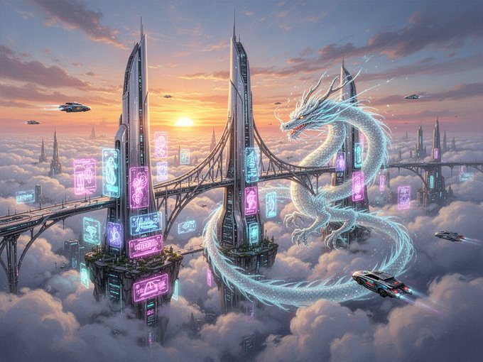 Fantasy sci-fi digital artwork depicting a glowing translucent dragon flying through clouds above futuristic skyscrapers and a suspension bridge at sunset, with neon holographic advertisements and flying vehicles.