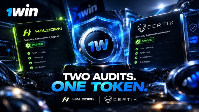 A promotional banner for '1win' featuring a glowing '1W' token shield and text reading 'TWO AUDITS. ONE TOKEN.', highlighting security audits by 'HALBORN' and 'CERTIK' both marked as 'PASSED'.