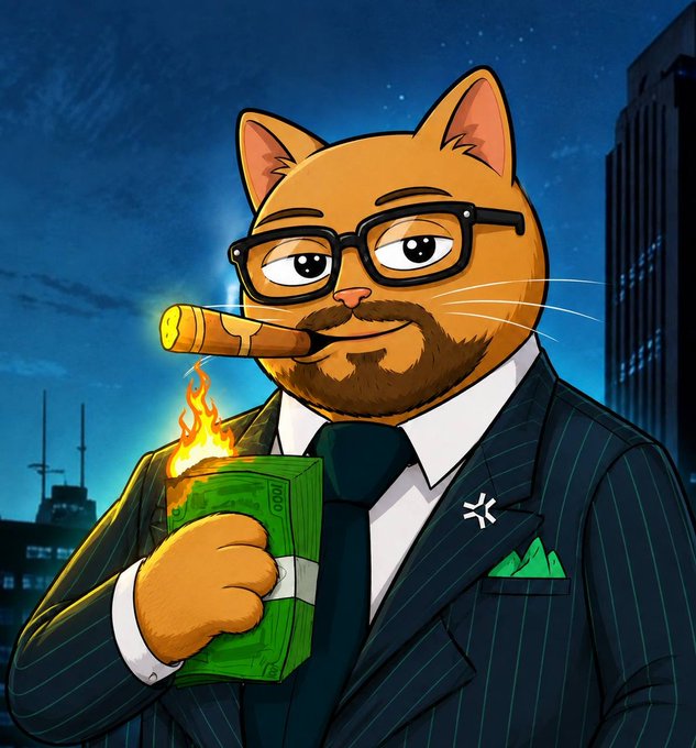 An AI-generated illustration of an orange cat depicted as a dapper, sophisticated gentleman wearing a pinstripe suit, glasses, and a mustache, smoking a cigar while holding a flaming stack of money against a nighttime cityscape.