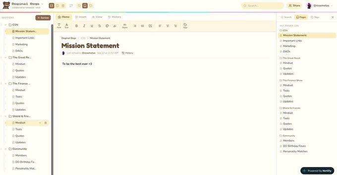 A screenshot of a Notion-like interface for "Doginal Dogs" showing a "Mission Statement" document with the text "To be the best ever <3".