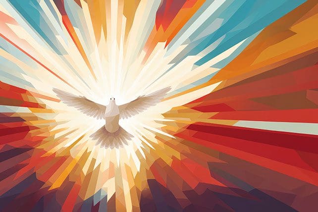 A white dove with outstretched wings radiates against a vibrant, geometric background of warm reds, oranges, and cool blues, symbolizing unity and spiritual connection. This imagery aligns with the post's call for spiritual oneness, as the dove emerges as a beacon from the colorful rays, reflecting the scriptural hope of gathering souls together.