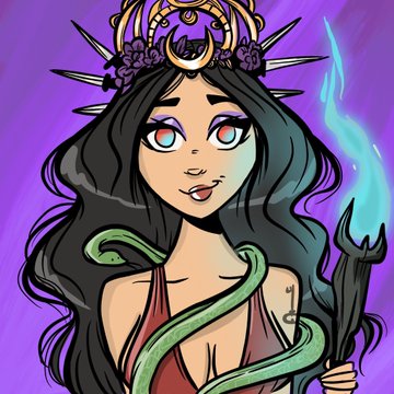 A digital illustration of a fantasy female character with long dark hair, a spiked crown, snake motifs, and heterochromatic eyes (one red, one blue), holding a blue magical flame against a purple background.