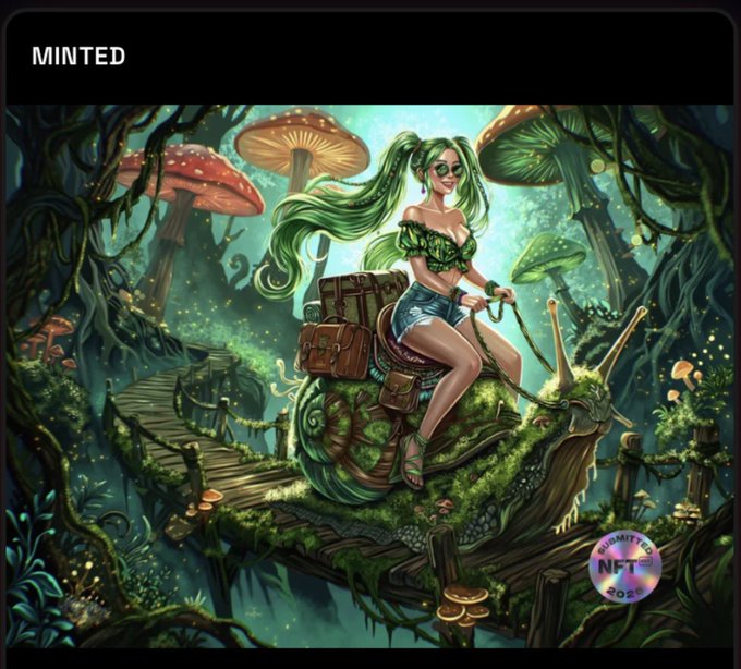 A fantasy artwork of a green-haired woman riding a large snail with a backpack across a wooden bridge in a glowing mushroom forest, labeled 'MINTED' in the corner and an 'NFTNYC 2021' badge.