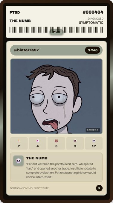 A digital collectible card #000404 titled 'THE NUMB' by @biaterra87 (3,240), depicting a tired cartoon character with a drooping expression, diagnosed as 'SYMPTOMATIC' with a description about watching portfolio hit zero.