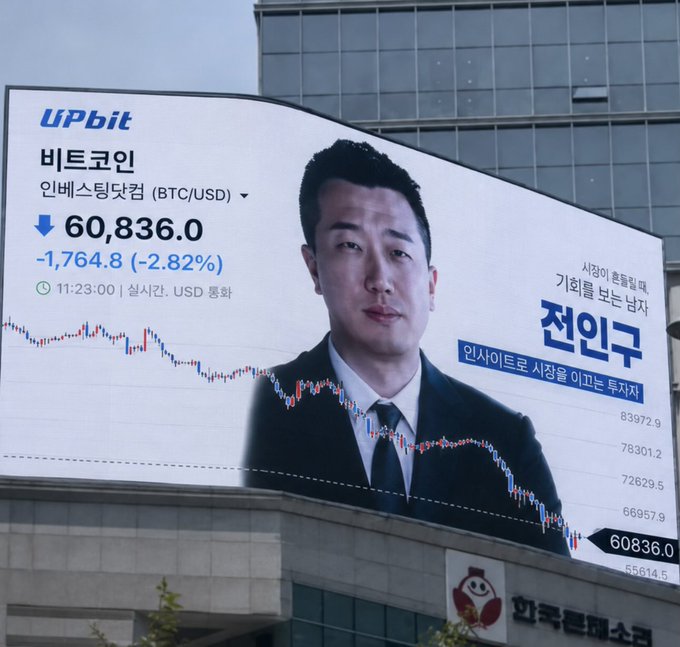 The image features a billboard with an upward-pointing arrow that says "Upbit'S Last Mercy to Coin Lovers Bitcoin, Down About - 25% Three Weeks After Debuting on the Population Signboard". The billboards show off several different coins including Bitcoin and an alternative coin called "Coin Lovers Bitcoin". The text is in both English and Korean.