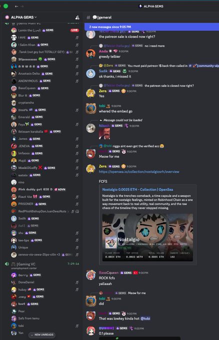 This image shows a Discord server interface for "ALPHA GEMS" with the #general channel displayed, featuring member lists, chat conversations, and an NFT preview for "Nostalgia 0.0025 ETH - Collection | OpenSea" at the bottom. The post "All gems every night @0xAlphaGEMs :" appears to refer to the active Discord community shown, where members like Zara discuss crypto projects and NFT collections.