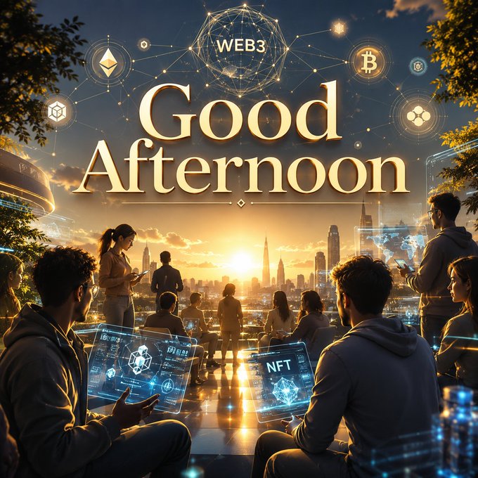 A stylized "Good Afternoon" greeting image depicting a group of people in a Web3-themed setting at sunset, with a cityscape and holographic displays showing data and an NFT label.