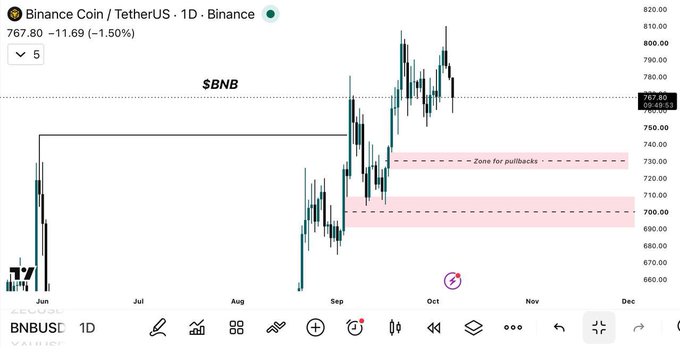 A Binance Coin (BNB) daily chart on Binance showing the price at $767.80 (-1.50%), with two highlighted pink zones marked "Zone for pullback" between approximately $700-$760, corresponding to the trader's commentary about waiting for confirmation before targeting $800 and higher.