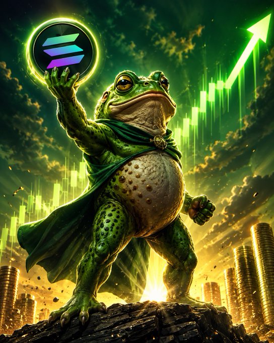 An AI-generated image of a muscular toad wearing a green cape, holding up a Solana logo, with a green upward arrow and stacks of coins in the background.