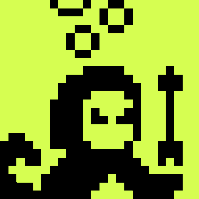 A pixel art image on a yellow background depicts a hooded figure with thought bubbles above their head, rendered in black pixel blocks.
