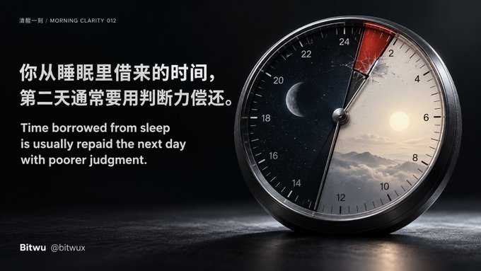 A graphic with the title '清醒一刻 / MORNING CLARITY 012' featuring a clock divided between a starry night sky with a moon and a daytime sky with mountains, accompanied by the quote 'Time borrowed from sleep is usually repaid the next day with poorer judgment' and the handle @bitwux.