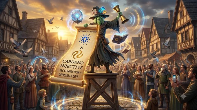 A fantasy illustration of a witch on a wooden stage presenting a scroll to a medieval crowd, with the scroll reading 'CARDANO - INJECTIVE IBC CONNECTION OFFICIALLY LIVE'.