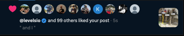 A social media post showing a row of profile pictures liking a post, with text '@levelsio and 99 others liked your post • 5s' and the caption 'and l'.