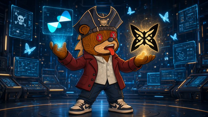A digital illustration of a pirate-themed cartoon character with a tongue out, wearing a red coat and pirate hat, holding a holographic butterfly in one hand and surrounded by floating butterflies and data screens.