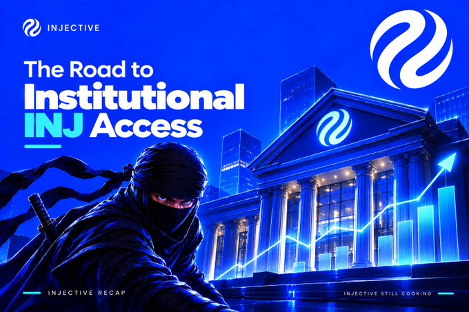 A promotional banner for Injective cryptocurrency titled 'The Road to Institutional INJ Access' featuring a ninja figure in blue with a stock graph rising against a bank-like building backdrop, labeled 'INJECTIVE RECAP' and 'INJECTIVE STILL COOKING'.