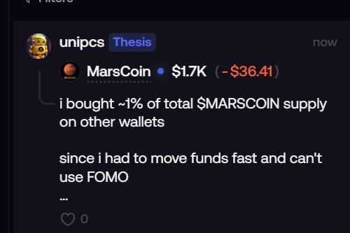 The image shows a Discord message from user "unipcs" (with a "Thesis" badge) stating they bought "~1% of total $MARSCOIN supply on other wallets" because they had to move funds fast without using FOMO tactics, while MarsCoin is shown priced at $1.7K (down $36.41). This relates to the post by highlighting how Chinese crypto community members are paying attention to unipcs's call ("喊单") on the BSC meme coin $MARSCOIN.