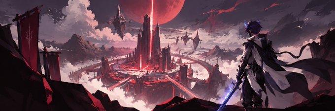 A dramatic anime-style fantasy illustration showing an armored character with a glowing blue sword looking out over a futuristic city beneath a red moon.