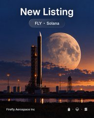 The image is a promotional graphic announcing a "New Listing" for the token FLY on Solana, featuring a dramatic nighttime scene of a rocket on a launch pad with a large full moon in the background. Text at the bottom reads "Firefly Aerospace Inc," indicating the token is tied to the aerospace company, while small icons in the corner reinforce the listing announcement consistent with the post about $FLY launching on Solana via Sunrise.