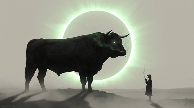 A colossal, shadowy bull with glowing green eyes and horns stands against a radiant green solar eclipse, dwarfing a small cloaked figure holding a smoking stick below.

The image's depiction of a giant, powerful bull being addressed by a tiny figure mirrors the post's theme of an underdog (a small crypto investor) passionately attempting to evangelize the immense, looming power of a bullish memecoin ecosystem to an unyielding giant.
